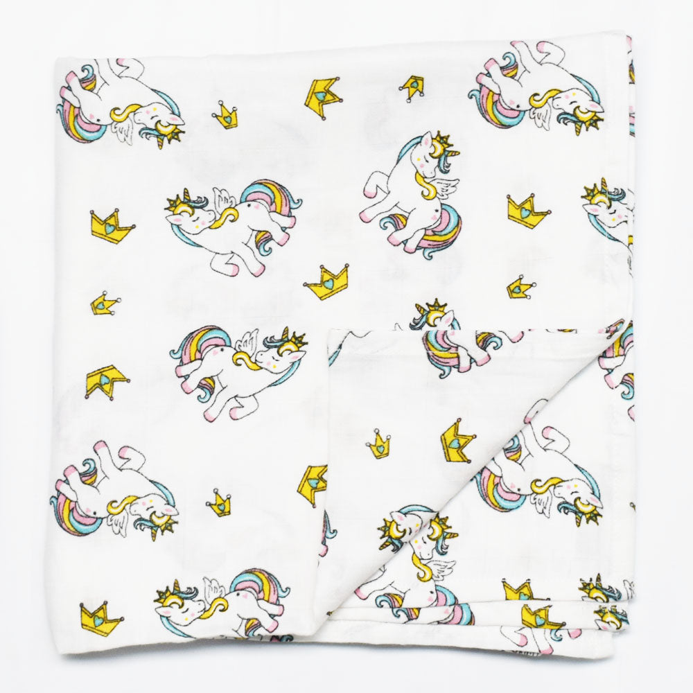 White Magical Unicorn Printed Muslin Swaddle Baby Blanket