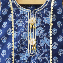 Load image into Gallery viewer, Blue &amp; Pink Embellished Cotton Kurta With Sharara &amp; Net Dupatta
