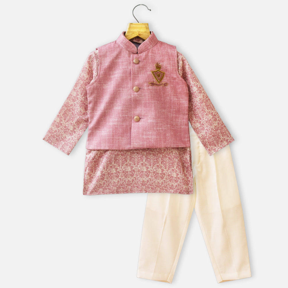 Pink Nehru Jacket With Cream Kurta & Beige Pant