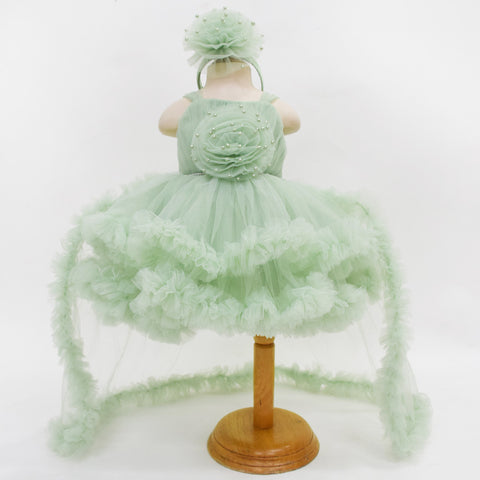 Pearl Embellished Net Party Dress With Detachable Tail & Headband- Pink & Green