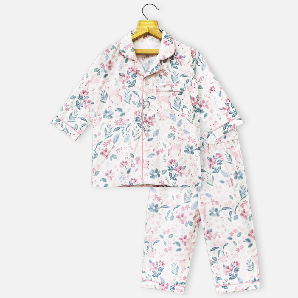 Pink Floral Theme Full Sleeves Night Suit