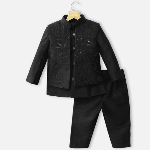 Black Embroidered Jacket With Kurta & Pant