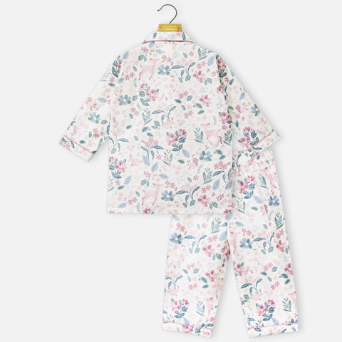 Pink Floral Theme Full Sleeves Night Suit