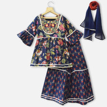 Load image into Gallery viewer, Blue Floral Cotton Kurta With Sharara &amp; Dupatta
