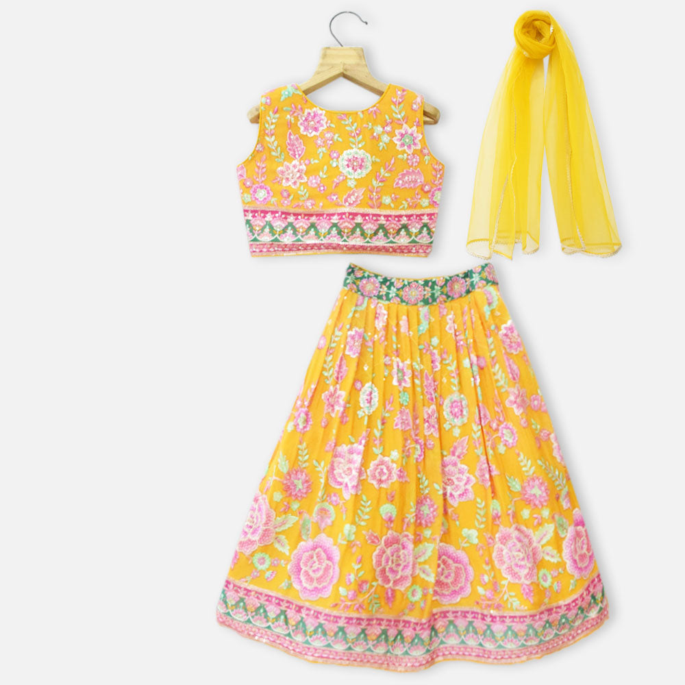 Yellow Floral Choli With Lehenga & Dupatta