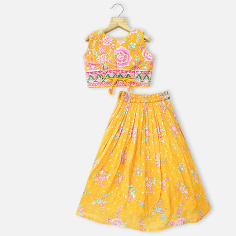 Yellow Floral Choli With Lehenga & Dupatta