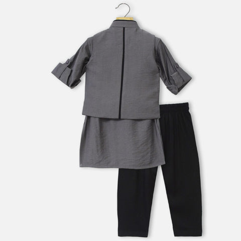 Grey Nehru Jacket With Kurta & Black Pajama