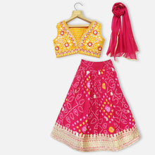 Load image into Gallery viewer, Yellow Mirror Work Choli With Bandhani Lehenga &amp; Dupatta
