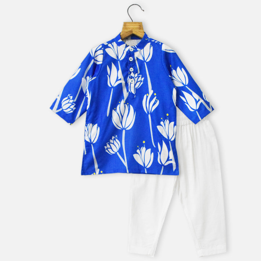 Blue Floral Kurta With White Pajama