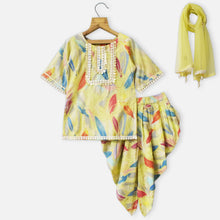 Load image into Gallery viewer, Yellow &amp; Pink Abstract Printed Cotton Kurta With Dhoti &amp; Dupatta
