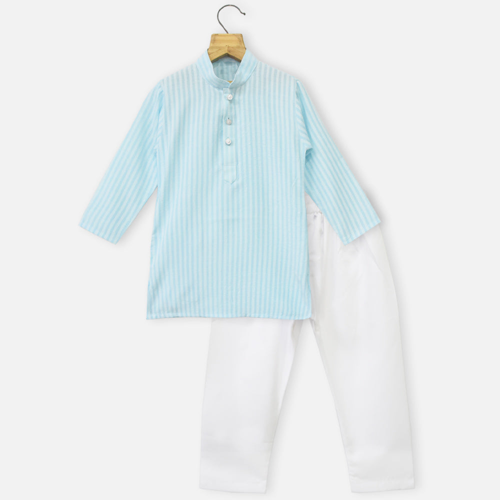 Blue Striped Kurta With White Pajama