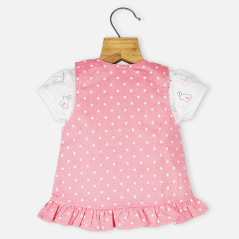 Pink Polka Dots Dungaree Dress With White Top