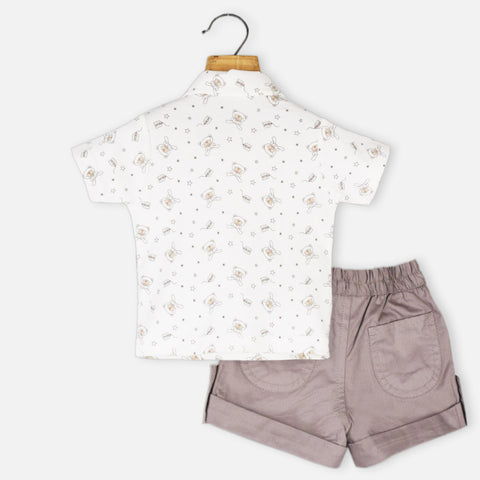 White Bear Printed T-Shirt With Attached Waistcoat & Shorts