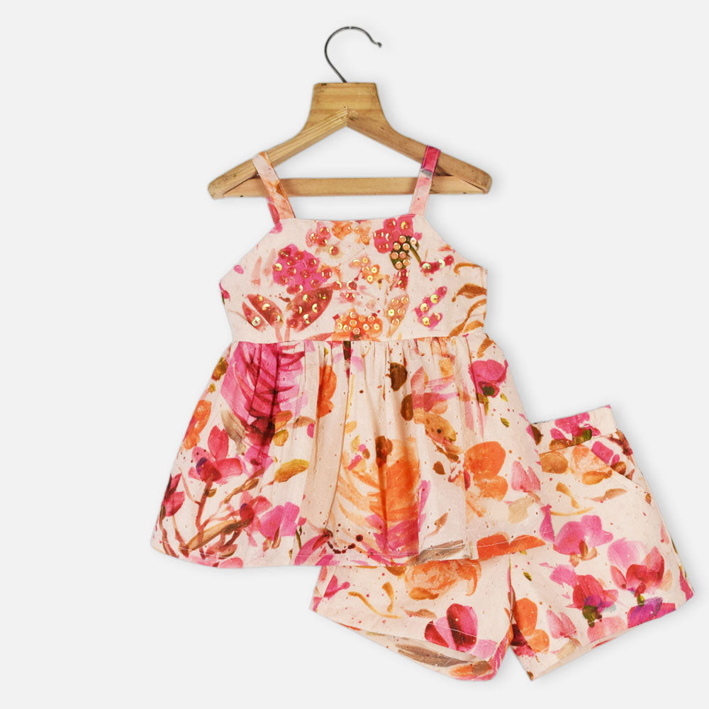 Peach Broderie Cotton Dress With Shorts