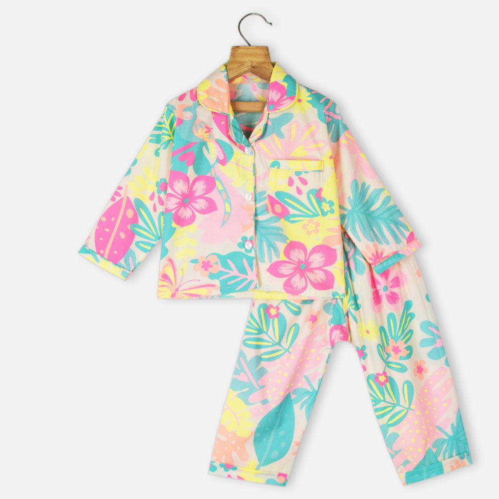 Neon Tropical Printed Full Sleeves Night Suit