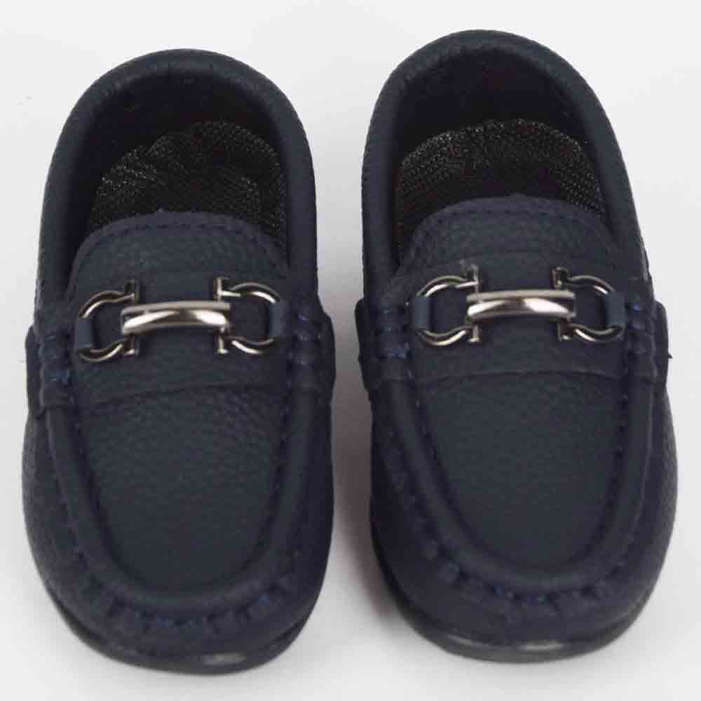 Navy Blue Slip On Loafers With Metal Buckle