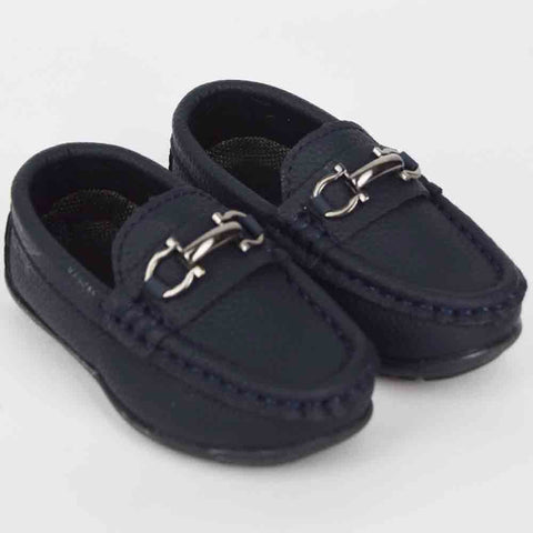 Navy Blue Slip On Loafers With Metal Buckle