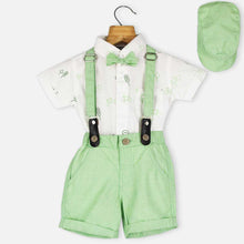 Load image into Gallery viewer, White Shirt &amp; Green Shorts With Suspender Set And Flap Cap

