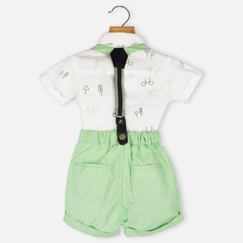 White Shirt & Green Shorts With Suspender Set And Flap Cap