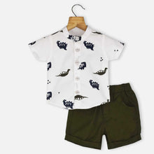 Load image into Gallery viewer, White Dino Printed Half Sleeves Shirt With Green Shorts
