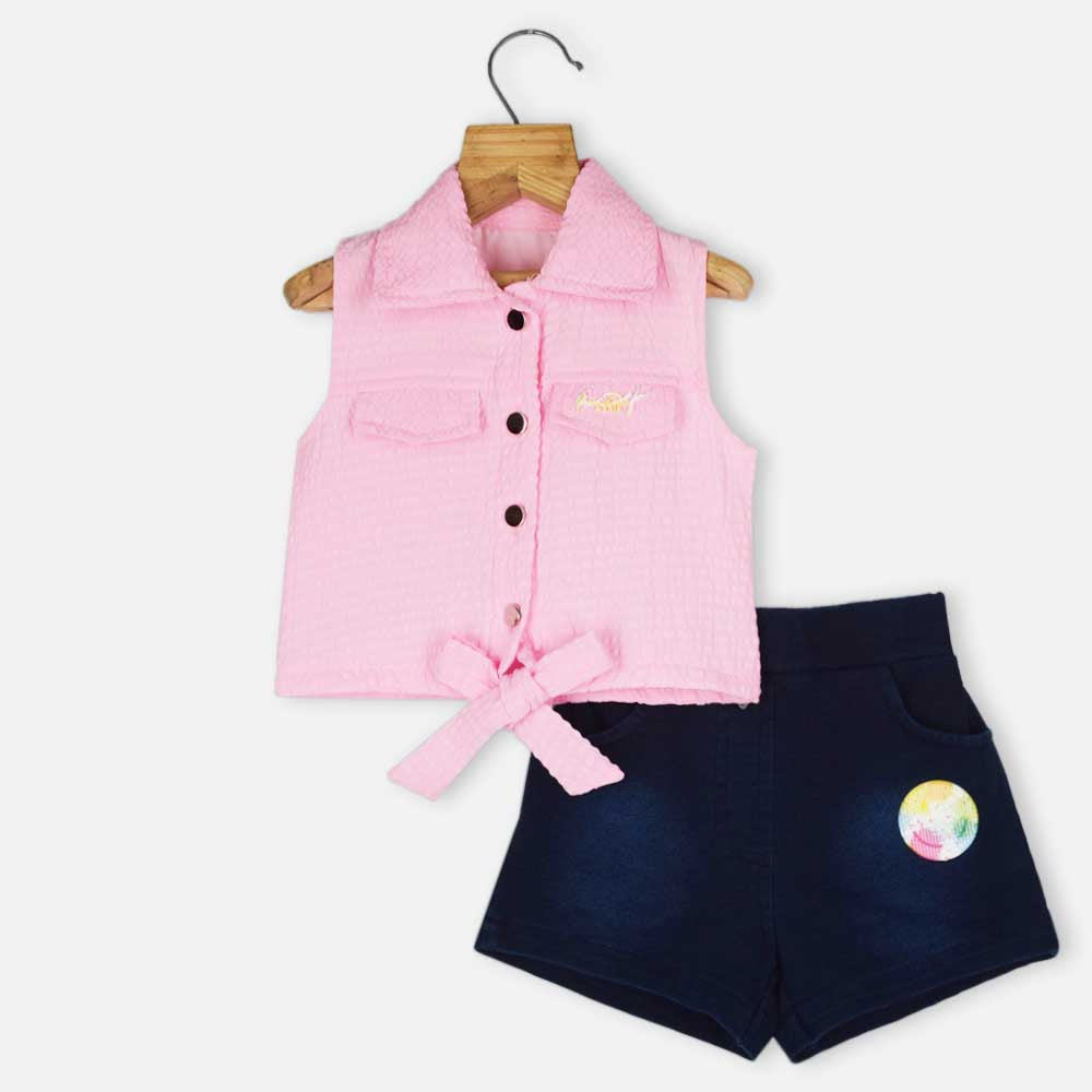 Pink Tie Knot Top With Blue Shorts