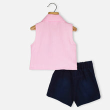 Load image into Gallery viewer, Pink Tie Knot Top With Blue Shorts
