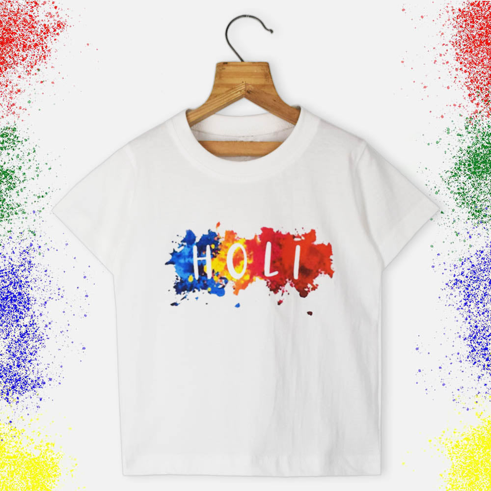 White Holi Theme Half Sleeves T-Shirt