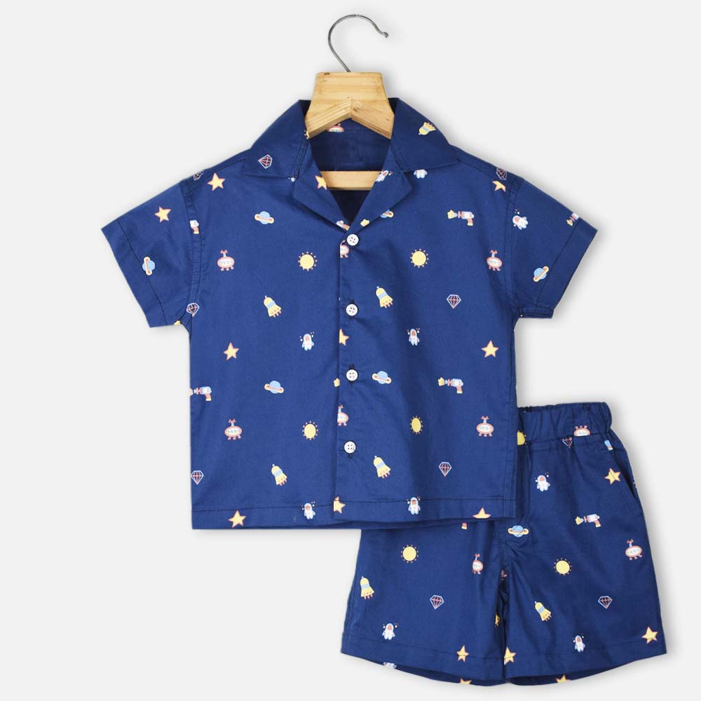 Navy Blue Space Printed Shirt With Shorts Co-Ord Set