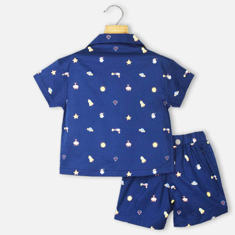 Navy Blue Space Printed Shirt With Shorts Co-Ord Set