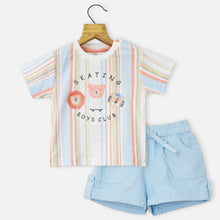 Load image into Gallery viewer, White Striped Half Sleeves T-Shirt With Blue Shorts
