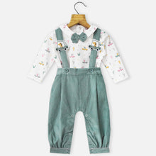 Load image into Gallery viewer, Green Corduroy Dungaree With White Full Sleeves T-Shirt
