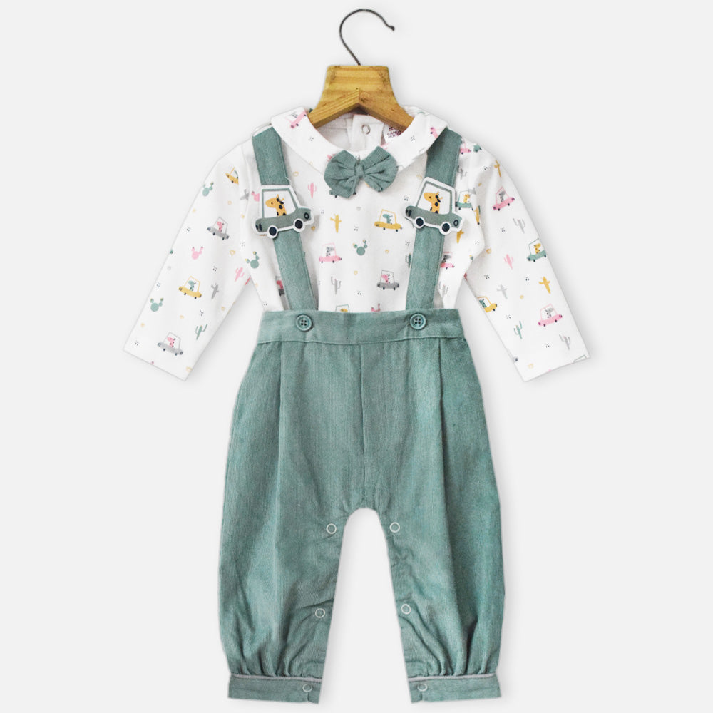 Green Corduroy Dungaree With White Full Sleeves T-Shirt