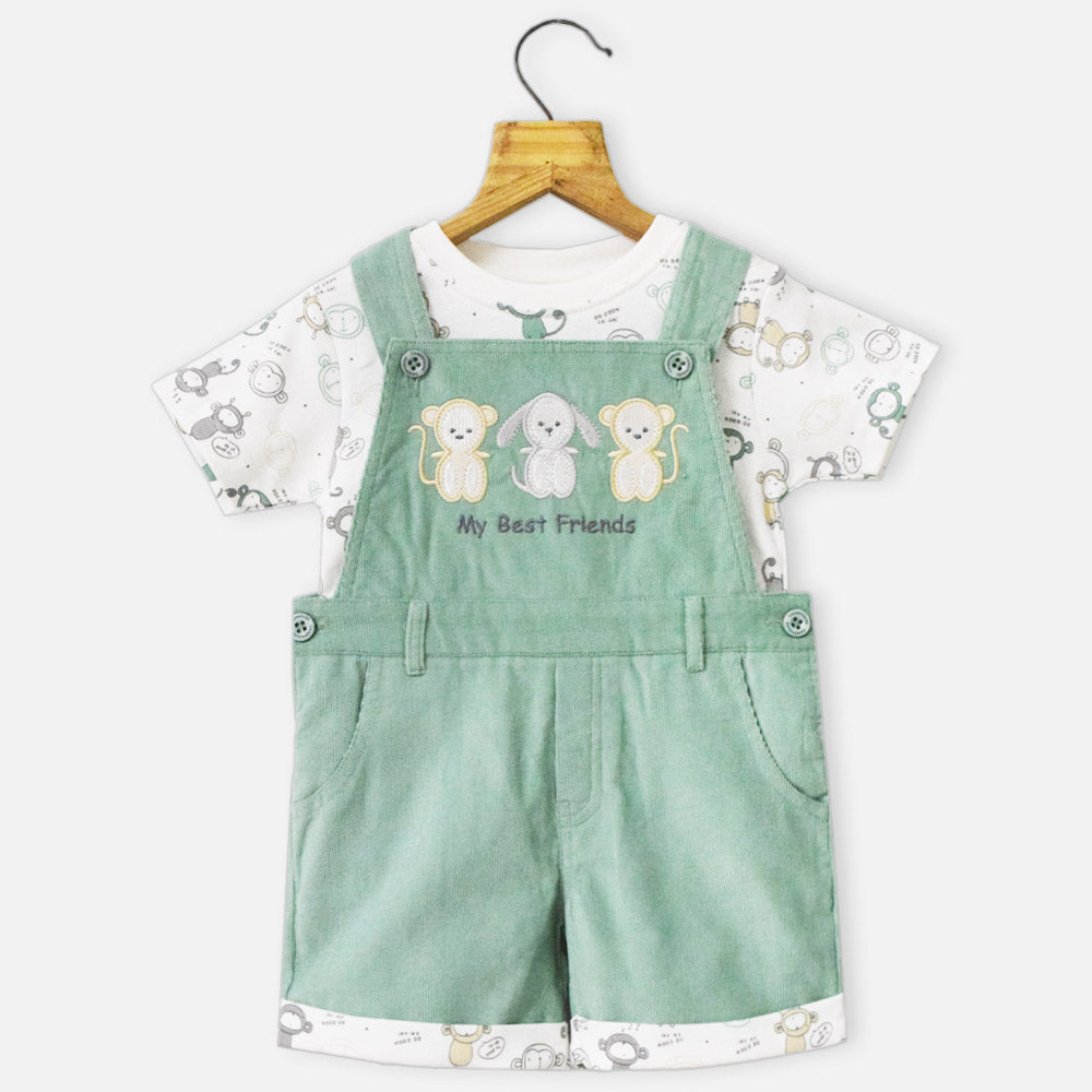 Green Embroidered Corduroy Dungaree With White T-Shirt