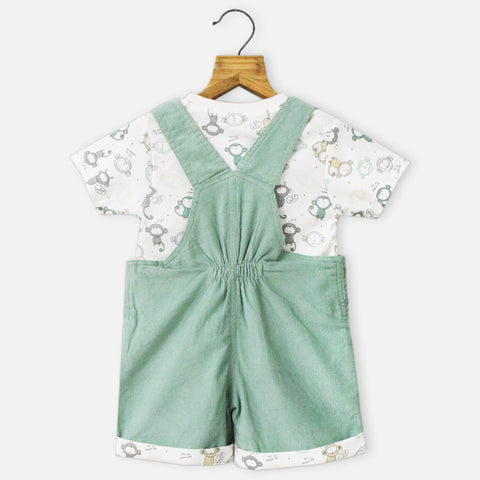 Green Embroidered Corduroy Dungaree With White T-Shirt