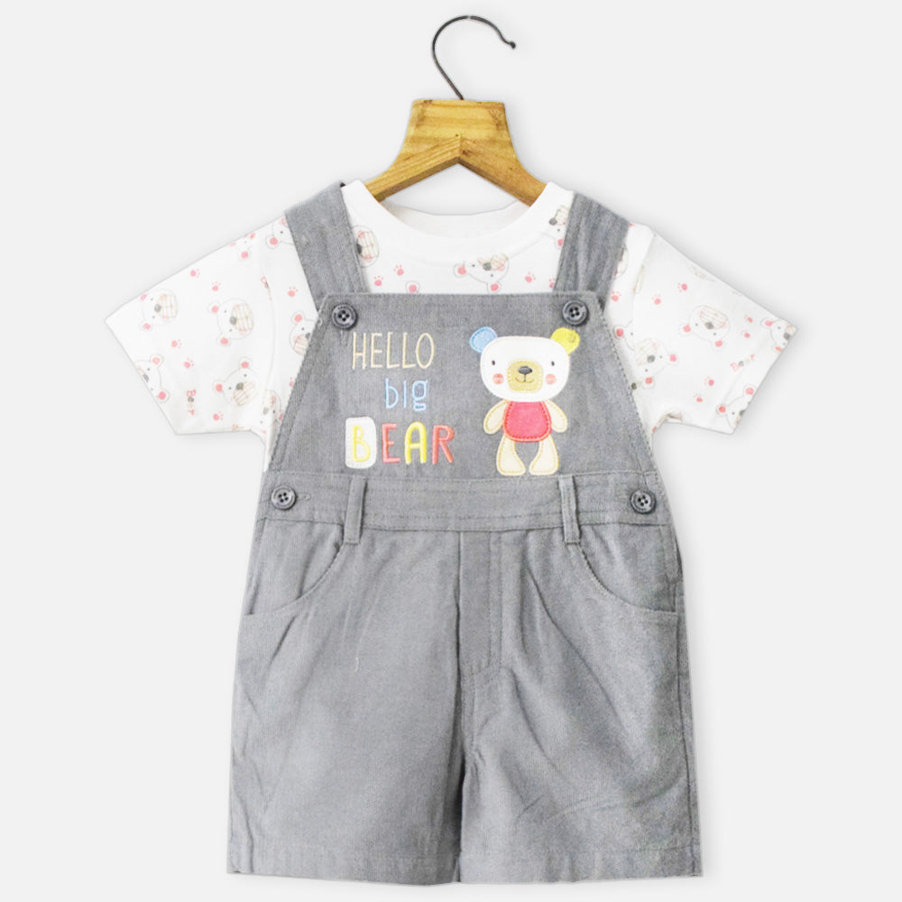 Grey Embroidered Corduroy Dungaree With White T-Shirt