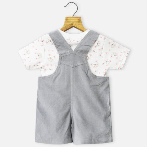 Grey Embroidered Corduroy Dungaree With White T-Shirt