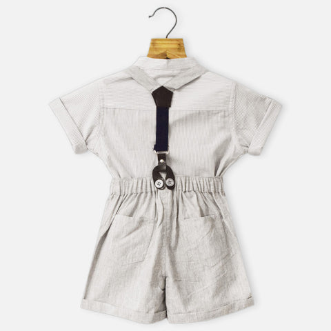 Grey Striped Shirt & Shorts With Suspender Set