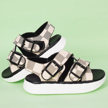 Load image into Gallery viewer, Black &amp; Beige Checked Criss Cross Strap Sandal
