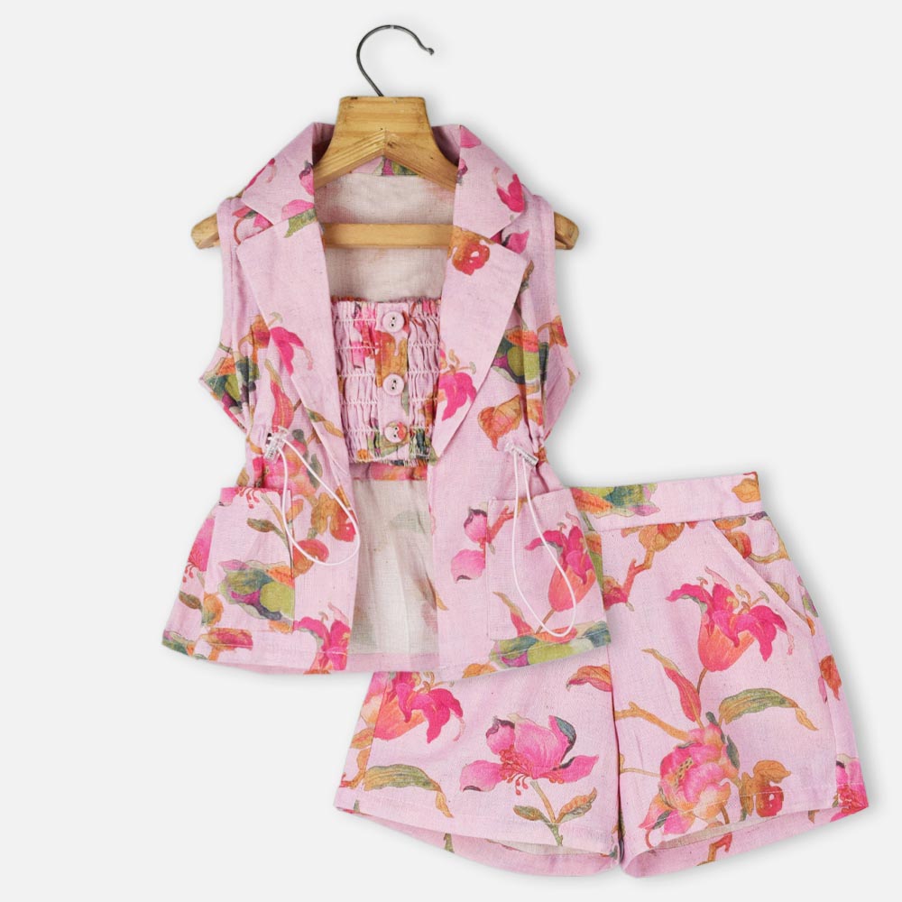 Pink Floral Blazer With Smocked Crop Top & Short Co-Ord Set