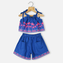 Load image into Gallery viewer, Crop Top With Shorts Co-Ord Set- Blue, Neon Green &amp; Yellow
