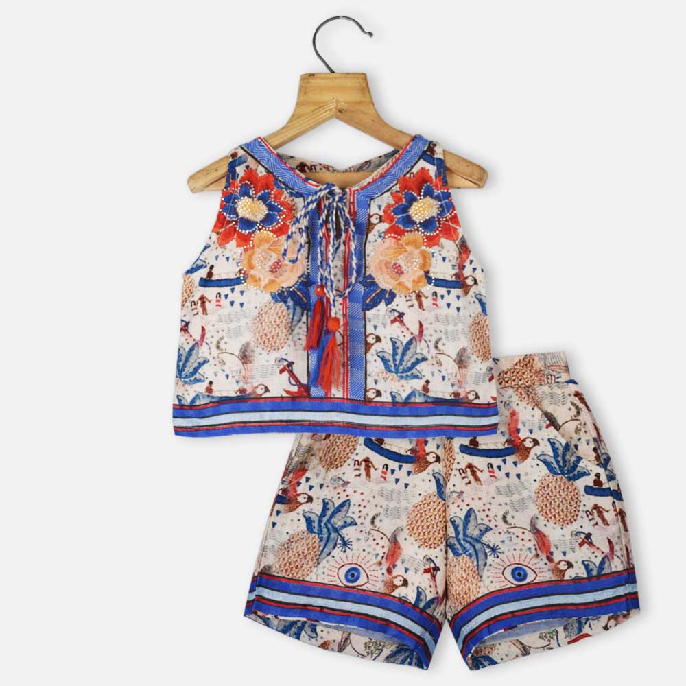 Blue Embellished Tropical Printed Top With Shorts Co-Ord Set