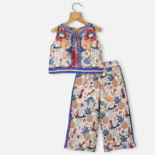 Load image into Gallery viewer, Blue Embellished Tropical Printed Top With Wide Leg Pants Co-Ord Set
