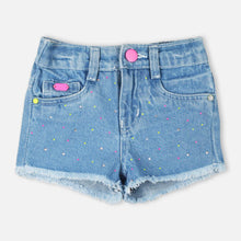 Load image into Gallery viewer, Embellished Raw Hem Denim Shorts- Blue
