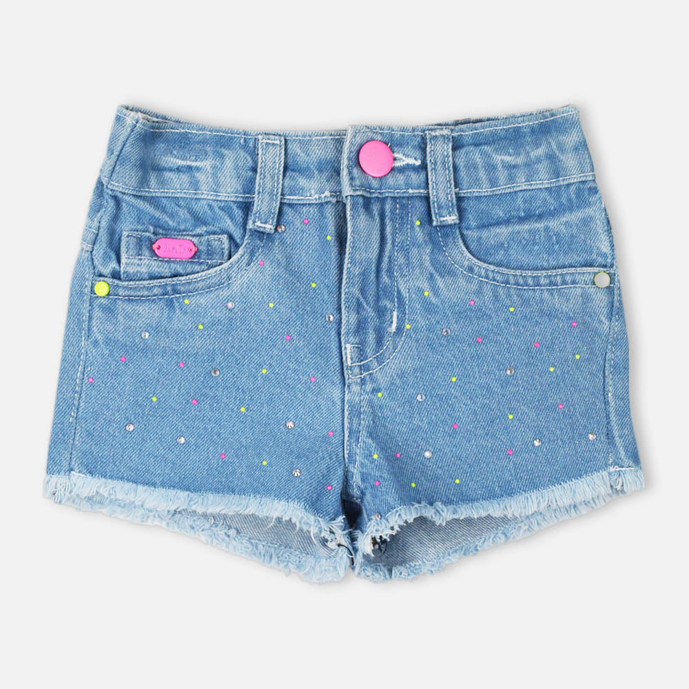 Embellished Raw Hem Denim Shorts- Blue