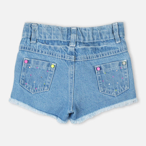 Embellished Raw Hem Denim Shorts- Blue