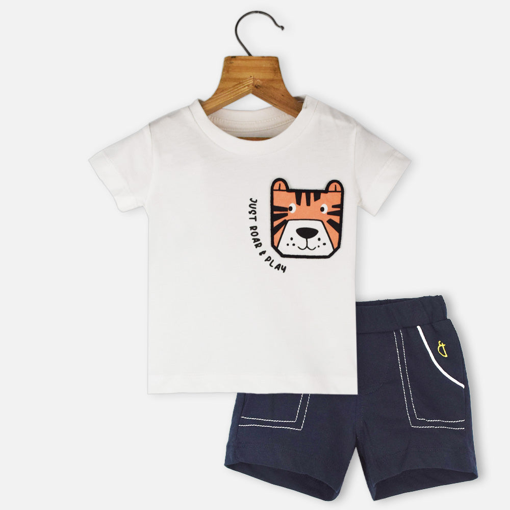 White Animal Applique Pocket T-Shirt With Blue Shorts