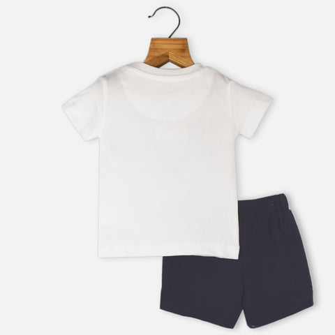 White Animal Applique Pocket T-Shirt With Blue Shorts