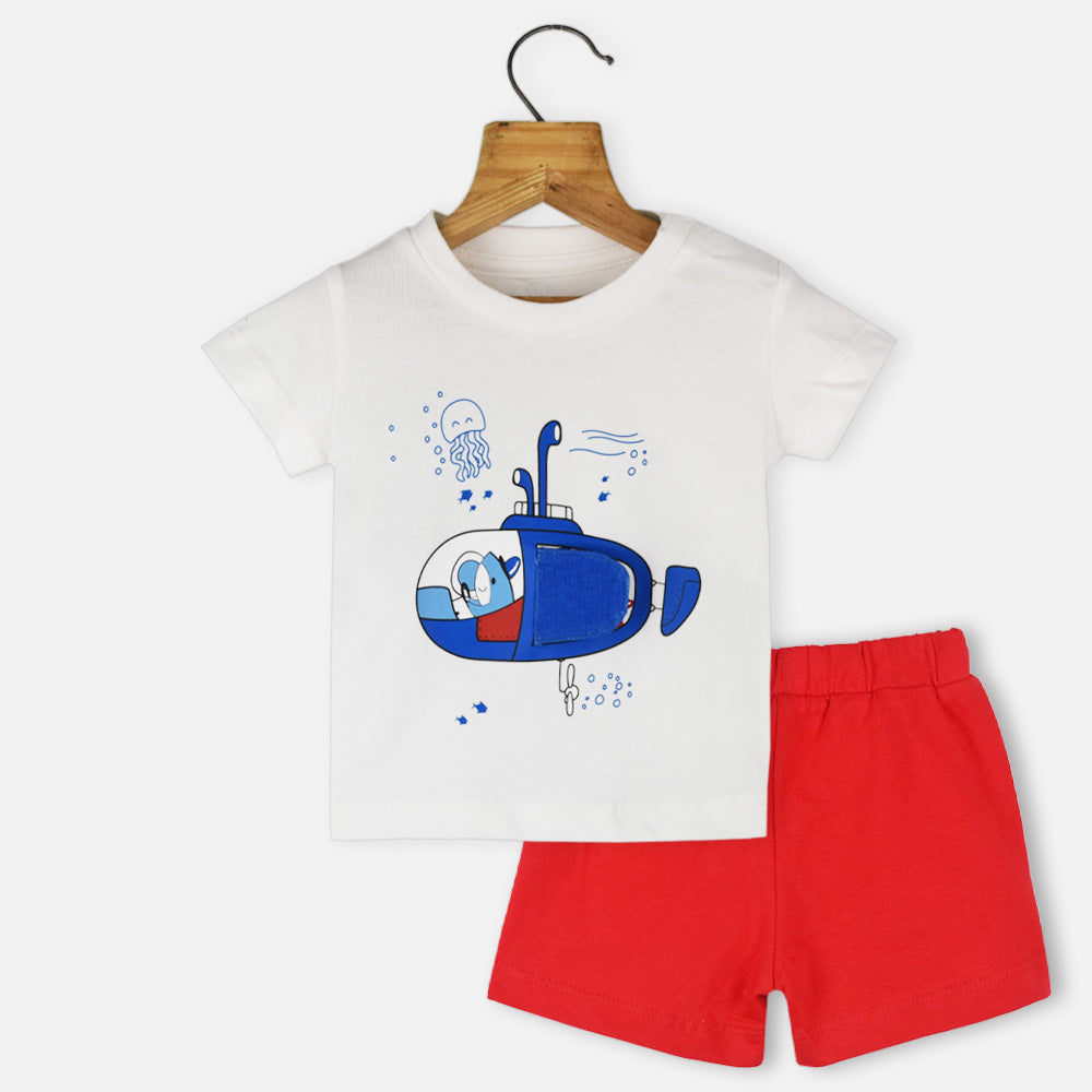 White Submarine Printed T-Shirt With Red Shorts