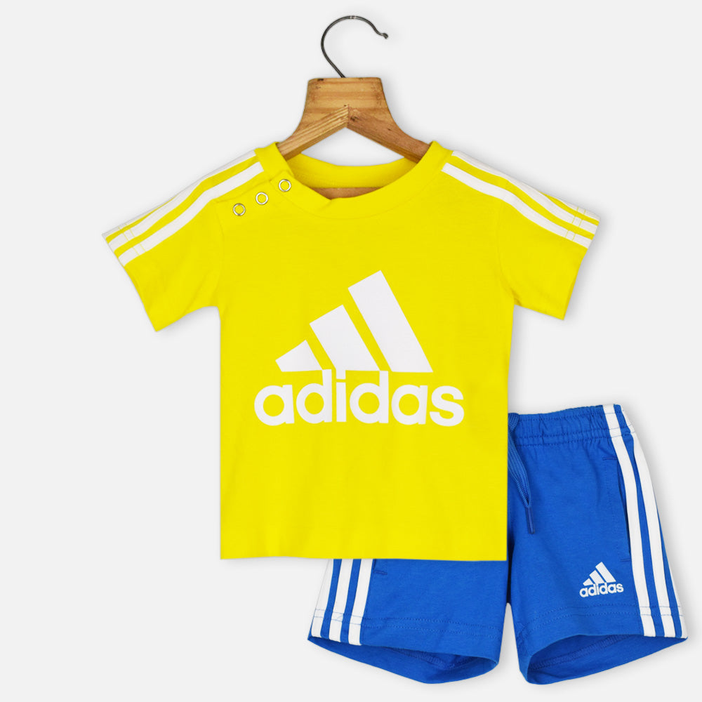 Yellow Adidas Half Sleeves T-Shirt With Blue Shorts