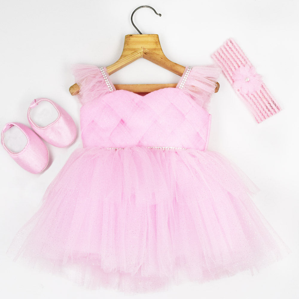 Pink Layered Net Party Frock With Booties & Headband